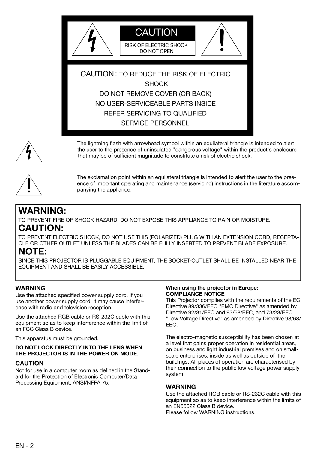 Mitsubishi Electronics EX100, ES100 user manual When using the projector in Europe, Compliance Notice 