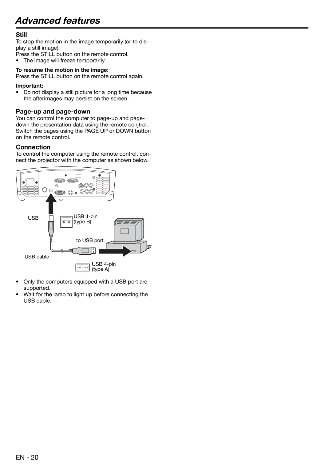 Mitsubishi Electronics EX100, ES100 user manual Advanced features, Still, Page-up and page-down, Connection 