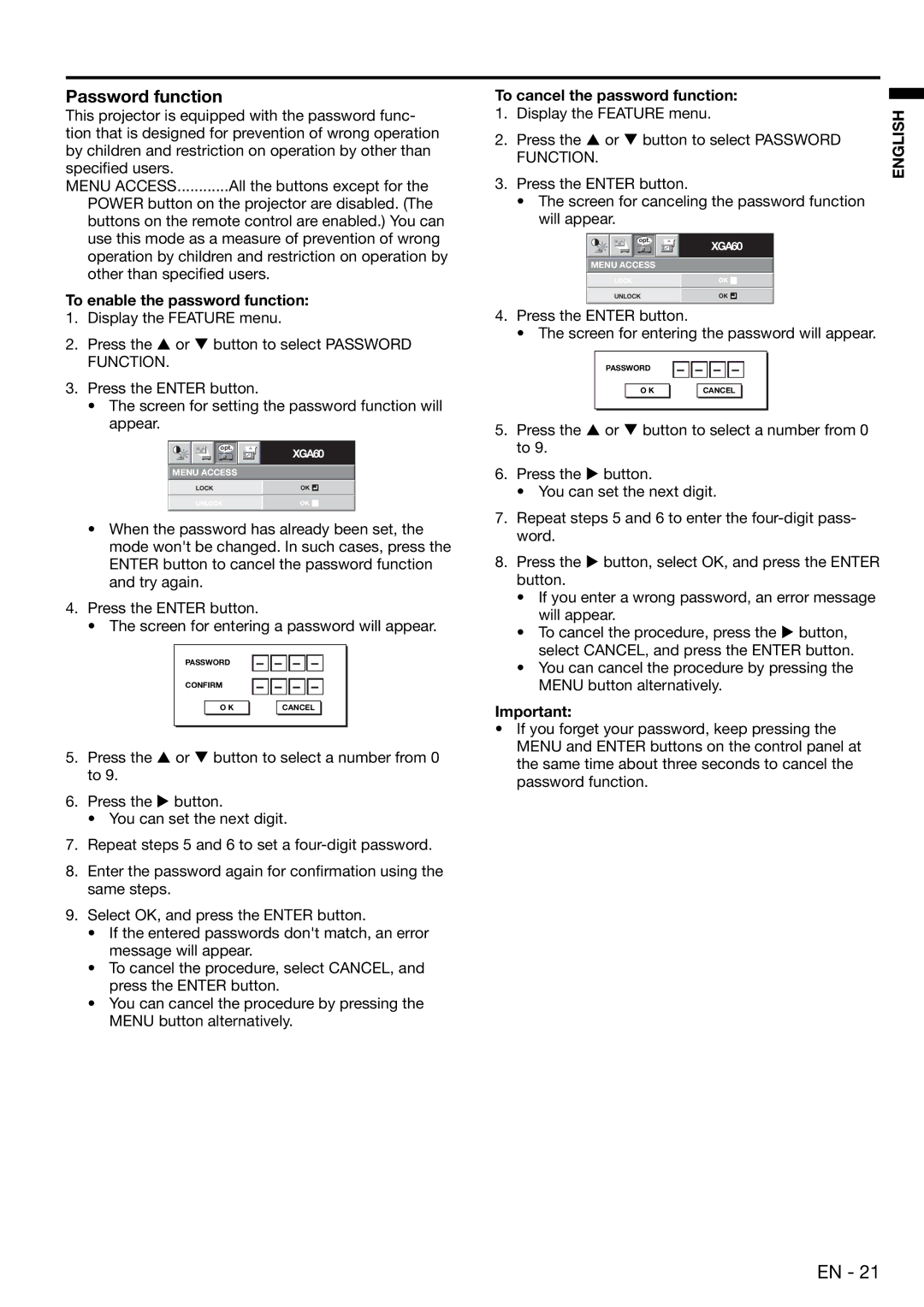 Mitsubishi Electronics ES100, EX100 Password function, To enable the password function, To cancel the password function 