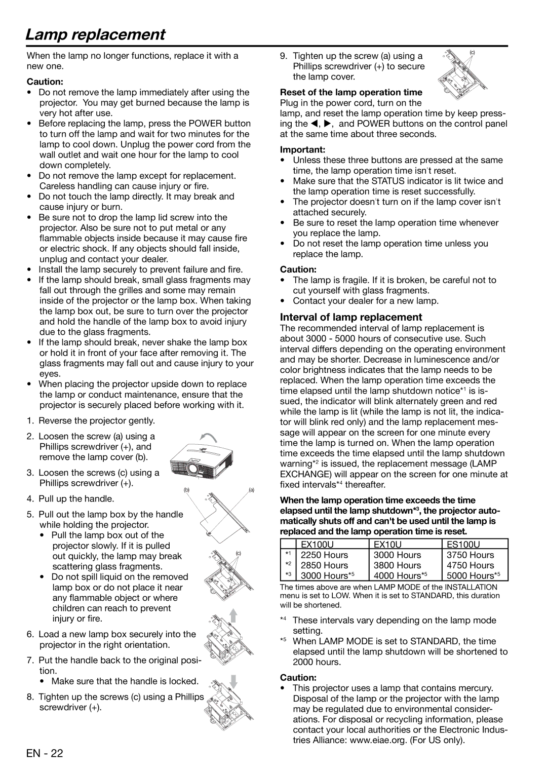 Mitsubishi Electronics EX100, ES100 user manual Lamp replacement, Interval of lamp replacement 