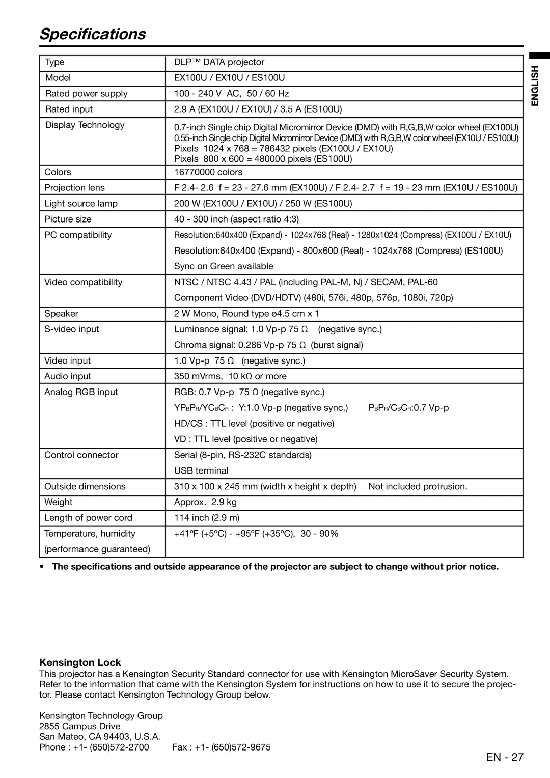 Mitsubishi Electronics ES100, EX100 user manual Speciﬁcations, Kensington Lock 