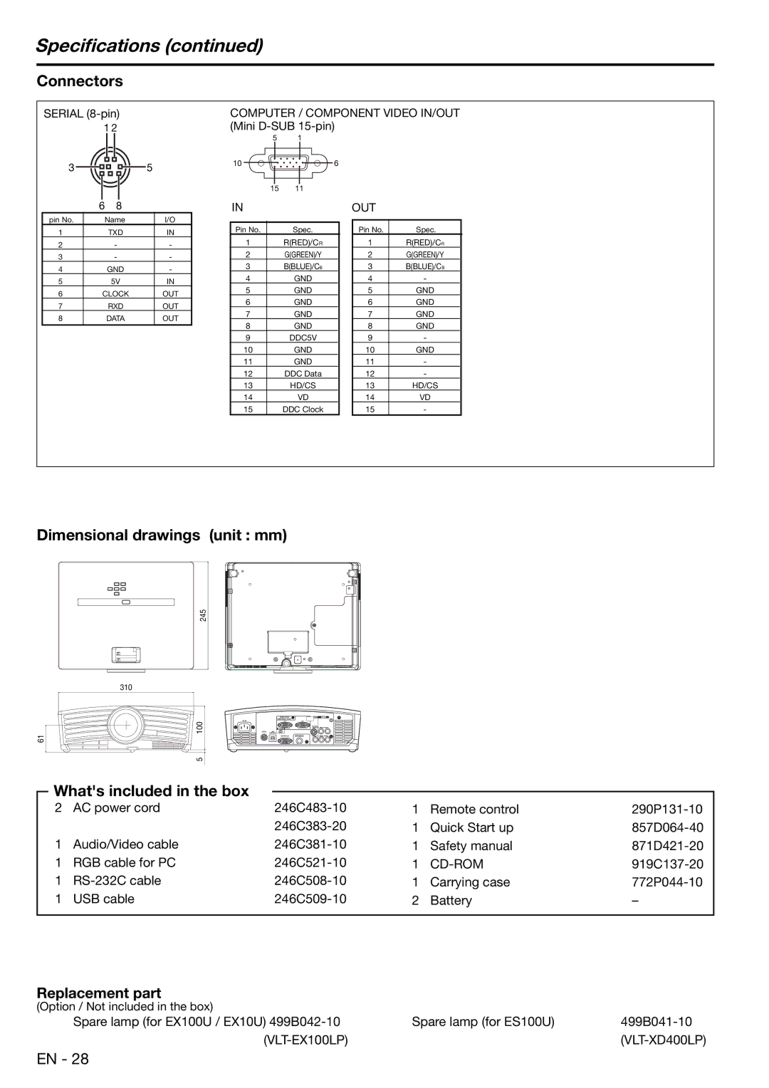 Mitsubishi Electronics EX100, ES100 user manual Speciﬁcations, Replacement part 