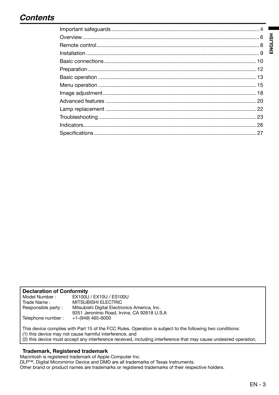 Mitsubishi Electronics ES100, EX100 user manual Contents 