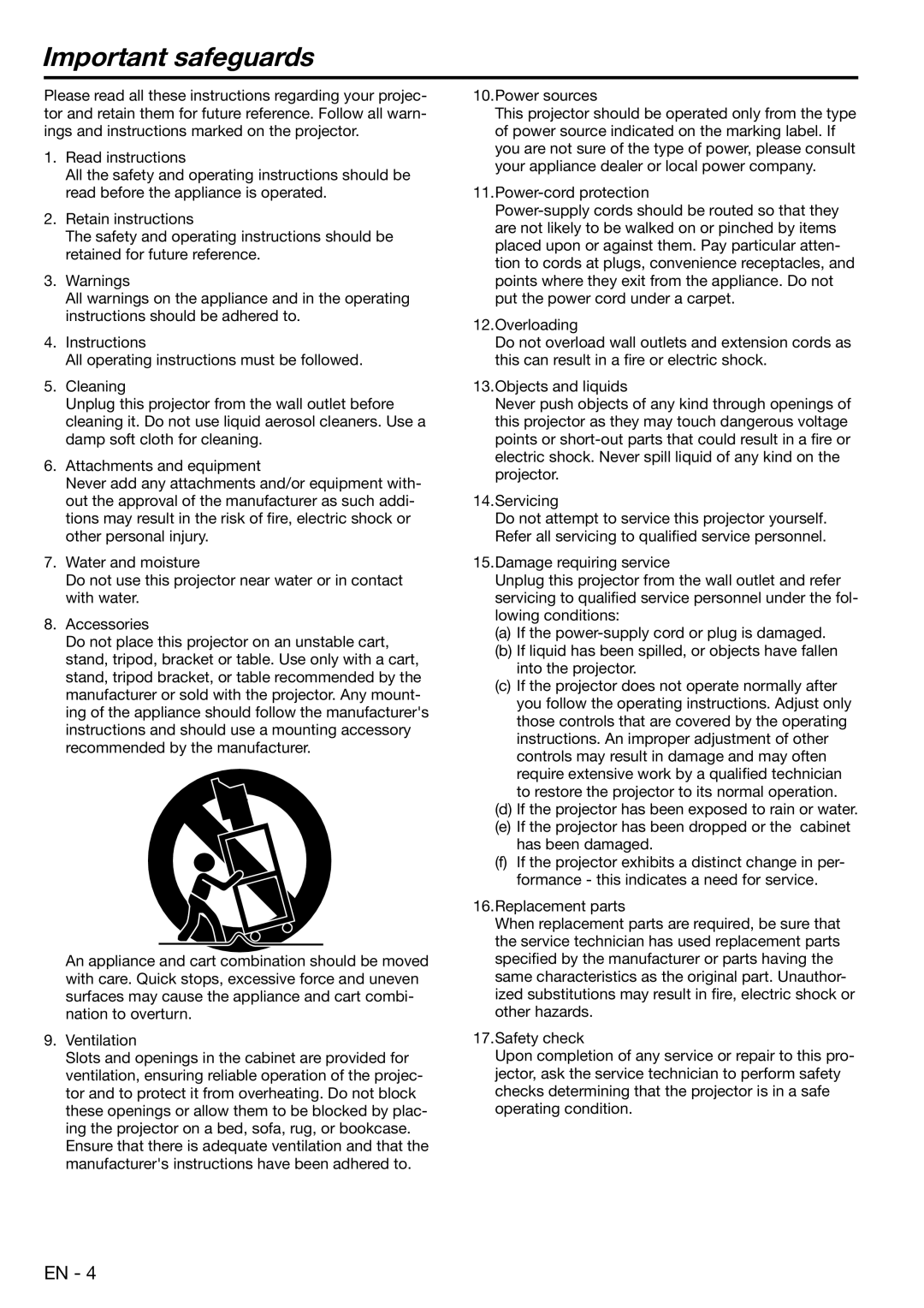 Mitsubishi Electronics EX100, ES100 user manual Important safeguards 