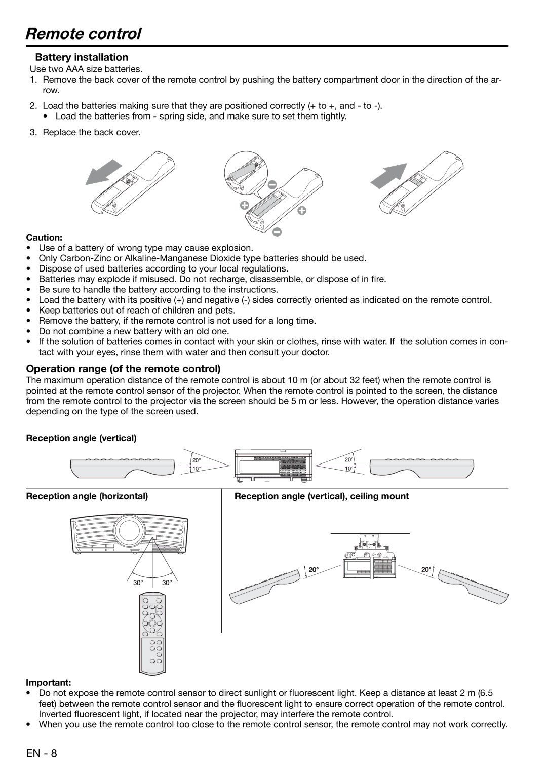 Mitsubishi Electronics EX100, ES100 user manual Remote control, Battery installation, Operation range of the remote control 