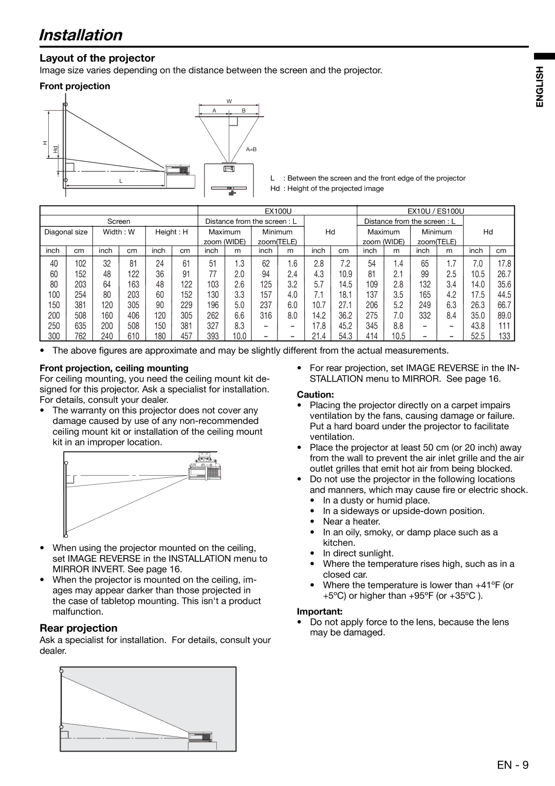 Mitsubishi Electronics ES100, EX100 user manual Installation, Layout of the projector, Rear projection, Front projection 