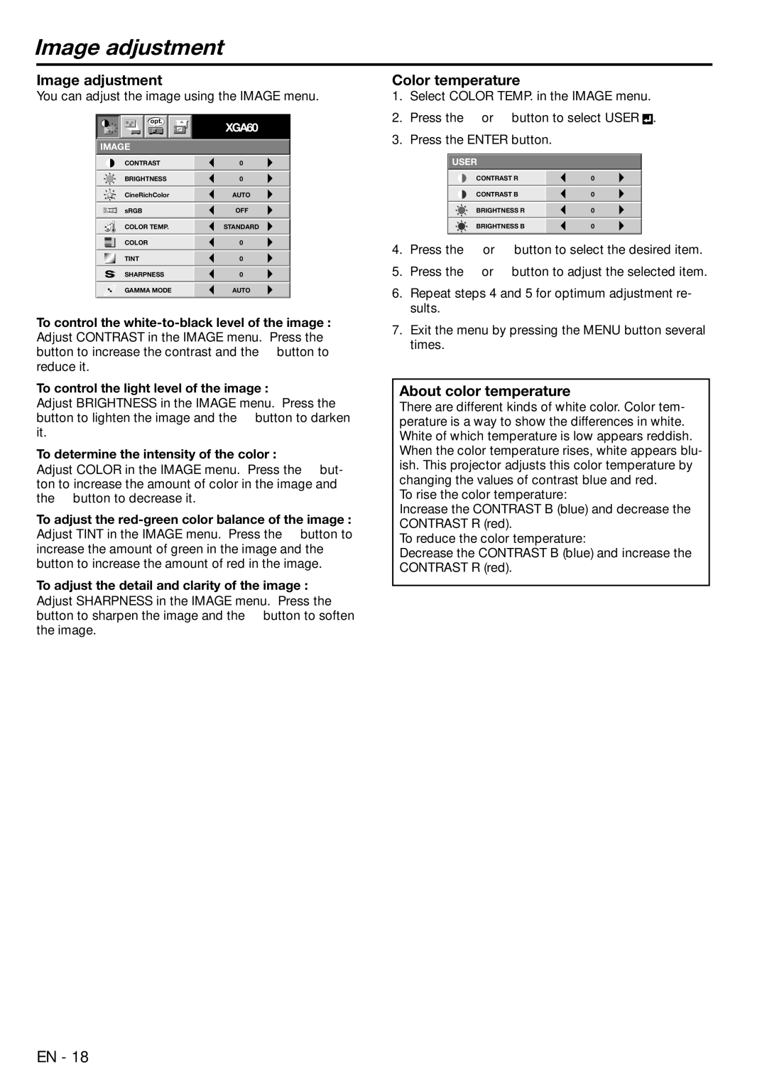 Mitsubishi Electronics EX100U user manual Image adjustment, Color temperature, About color temperature 