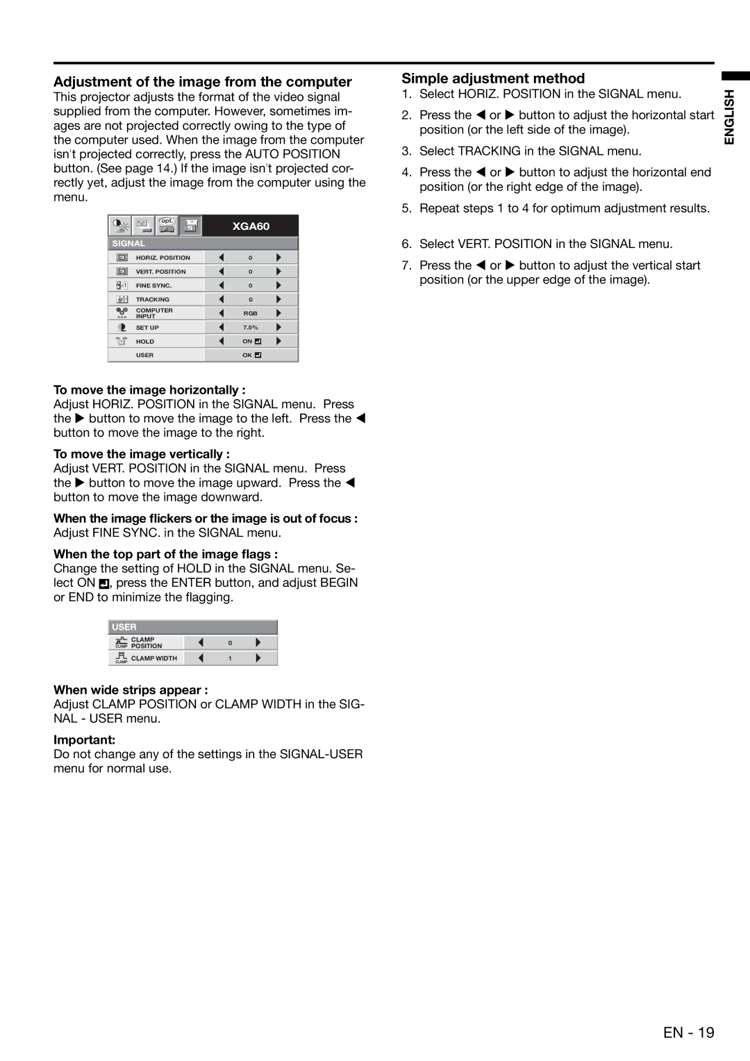 Mitsubishi Electronics EX100U user manual Adjustment of the image from the computer, Simple adjustment method 