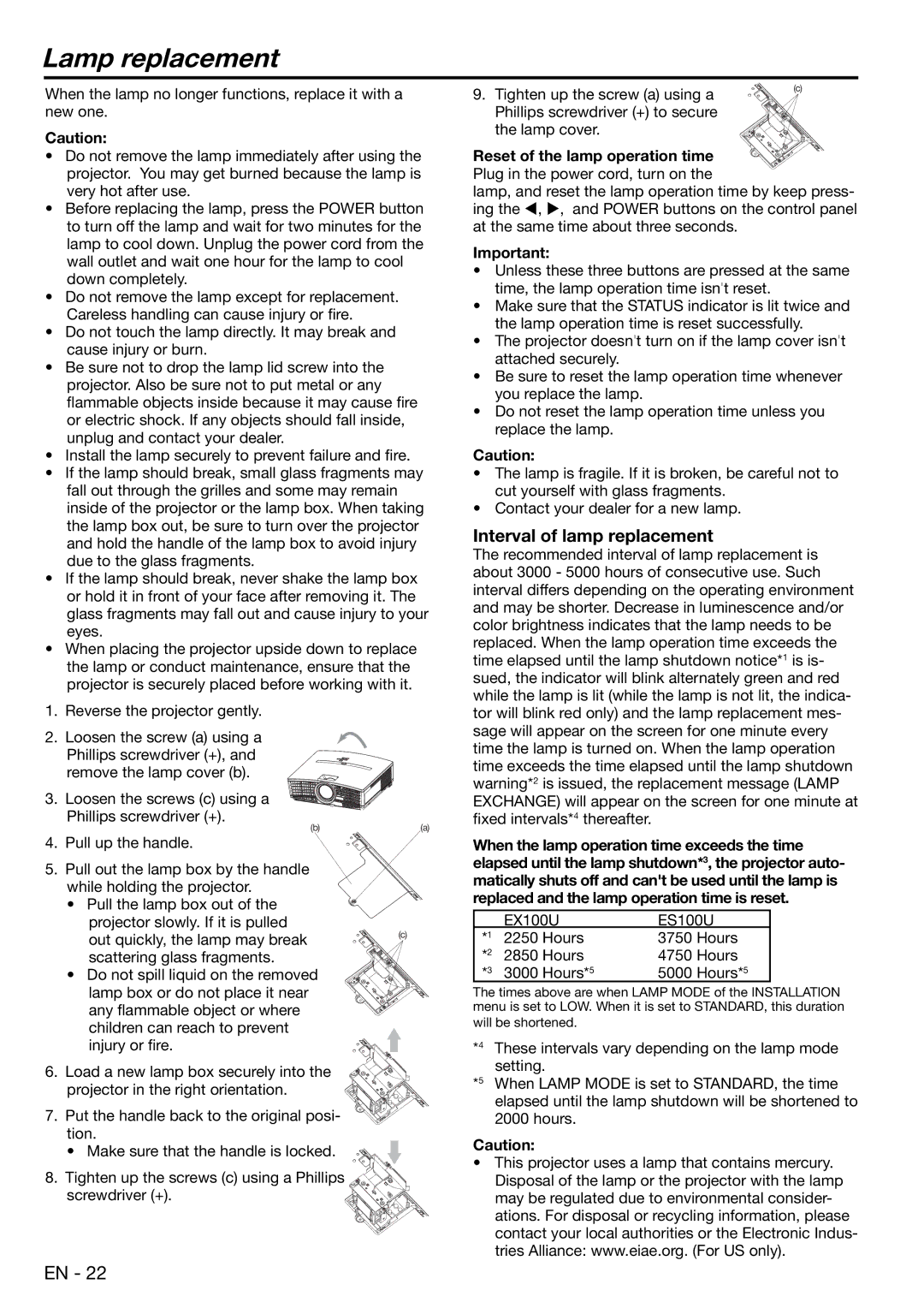 Mitsubishi Electronics EX100U user manual Lamp replacement, Interval of lamp replacement, Reset of the lamp operation time 