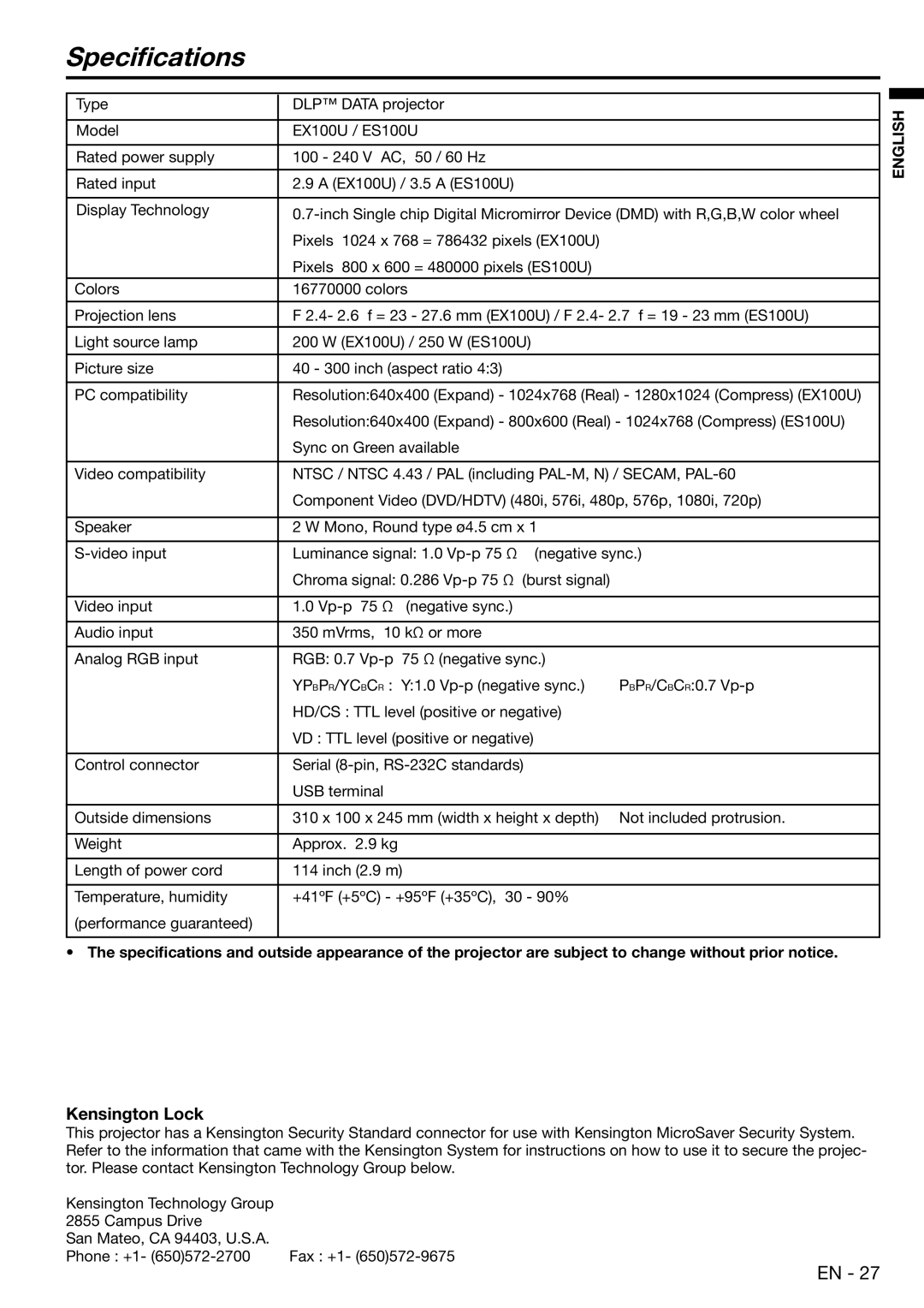 Mitsubishi Electronics EX100U user manual Speciﬁcations, Kensington Lock 