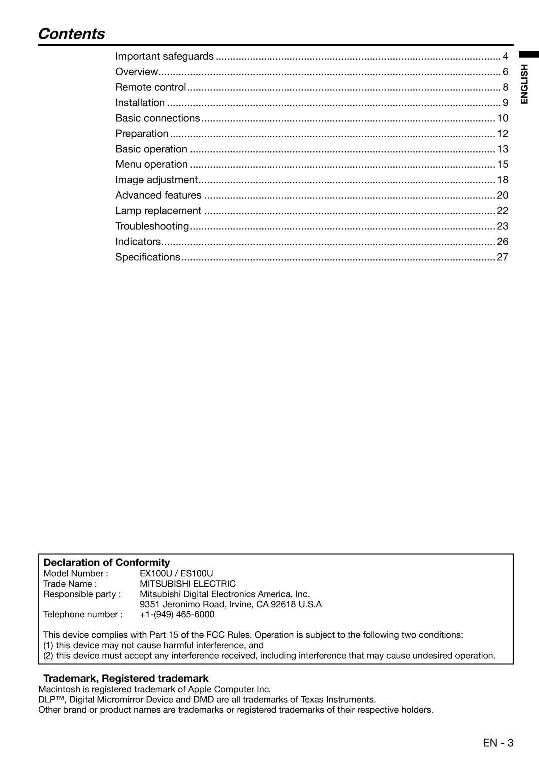 Mitsubishi Electronics EX100U user manual Contents 