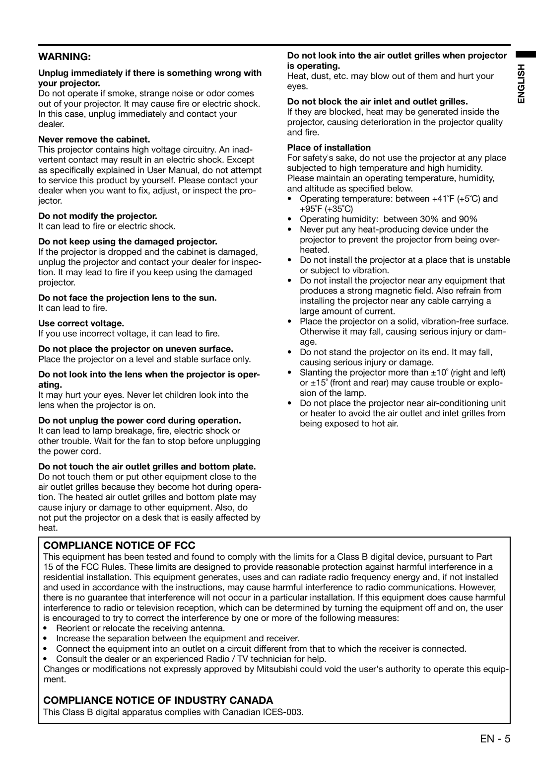 Mitsubishi Electronics EX100U user manual Never remove the cabinet Do not modify the projector, Use correct voltage 