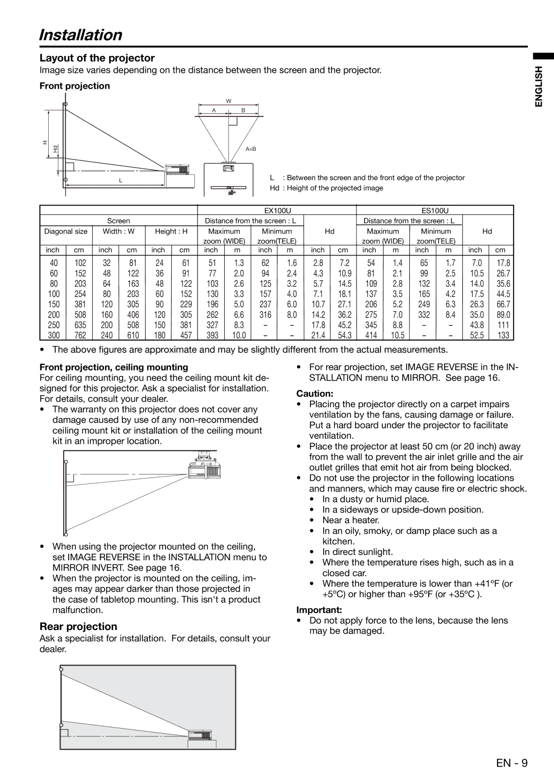 Mitsubishi Electronics EX100U user manual Installation, Layout of the projector, Rear projection, Front projection 