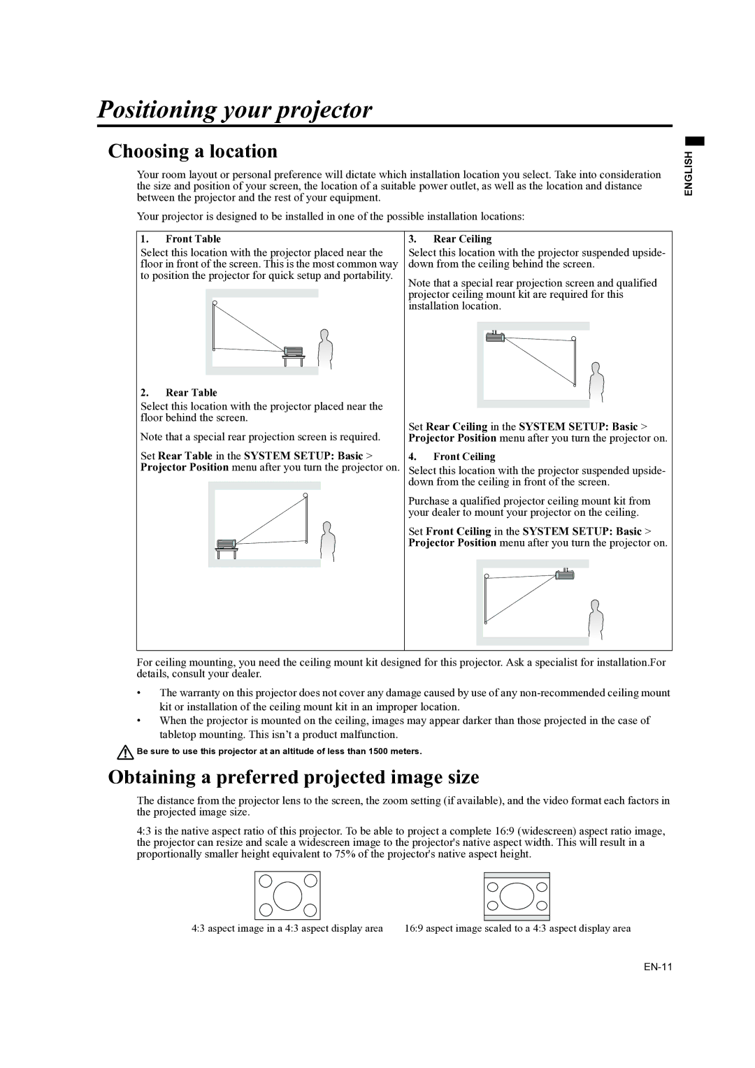 Mitsubishi Electronics ES200U Positioning your projector, Choosing a location, Obtaining a preferred projected image size 