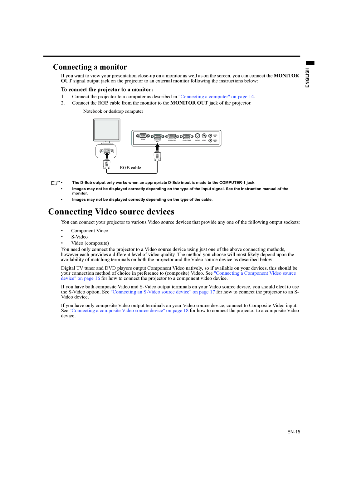 Mitsubishi Electronics ES200U Connecting Video source devices, Connecting a monitor, To connect the projector to a monitor 