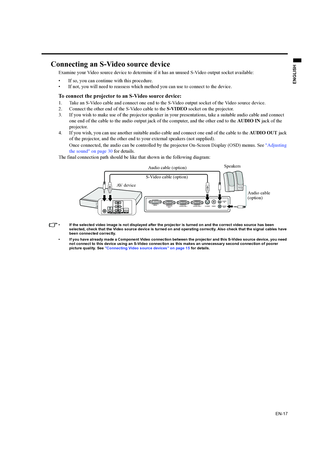 Mitsubishi Electronics ES200U Connecting an S-Video source device, To connect the projector to an S-Video source device 