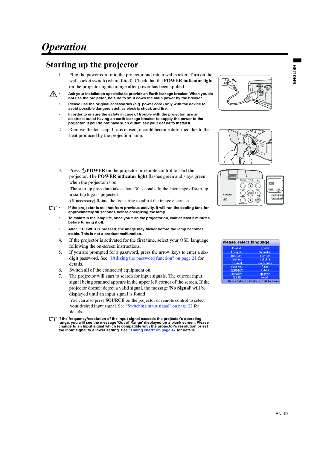 Mitsubishi Electronics ES200U, EX200U user manual Operation, Starting up the projector 