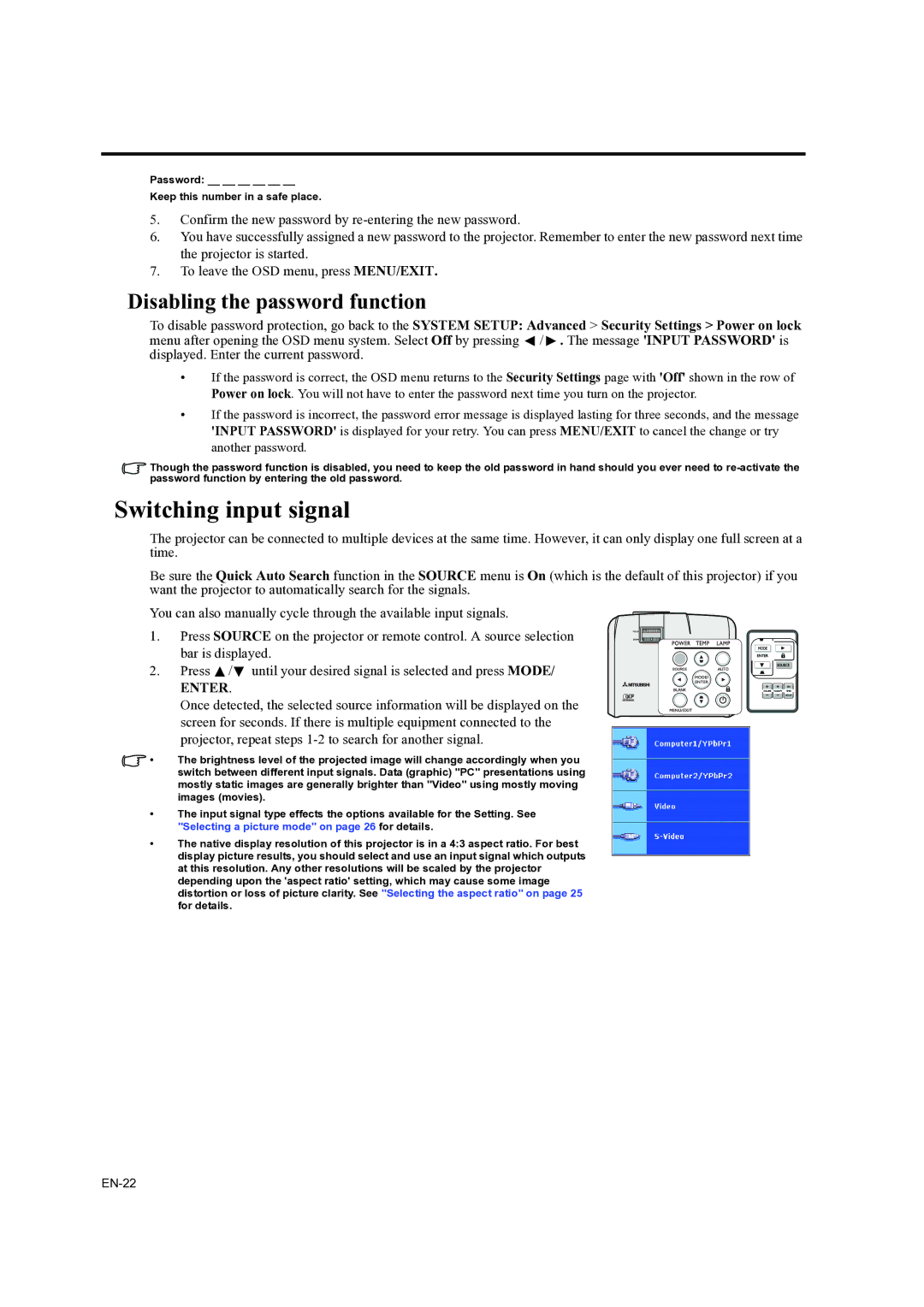 Mitsubishi Electronics EX200U, ES200U user manual Switching input signal, Disabling the password function 