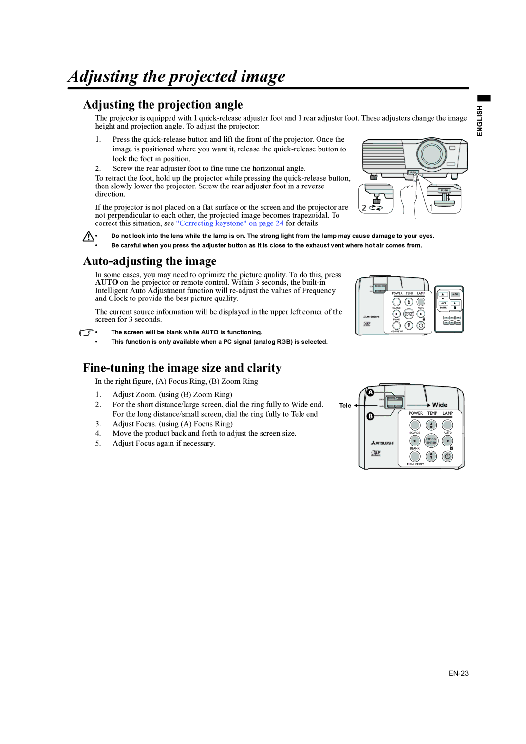 Mitsubishi Electronics ES200U Adjusting the projected image, Adjusting the projection angle, Auto-adjusting the image 