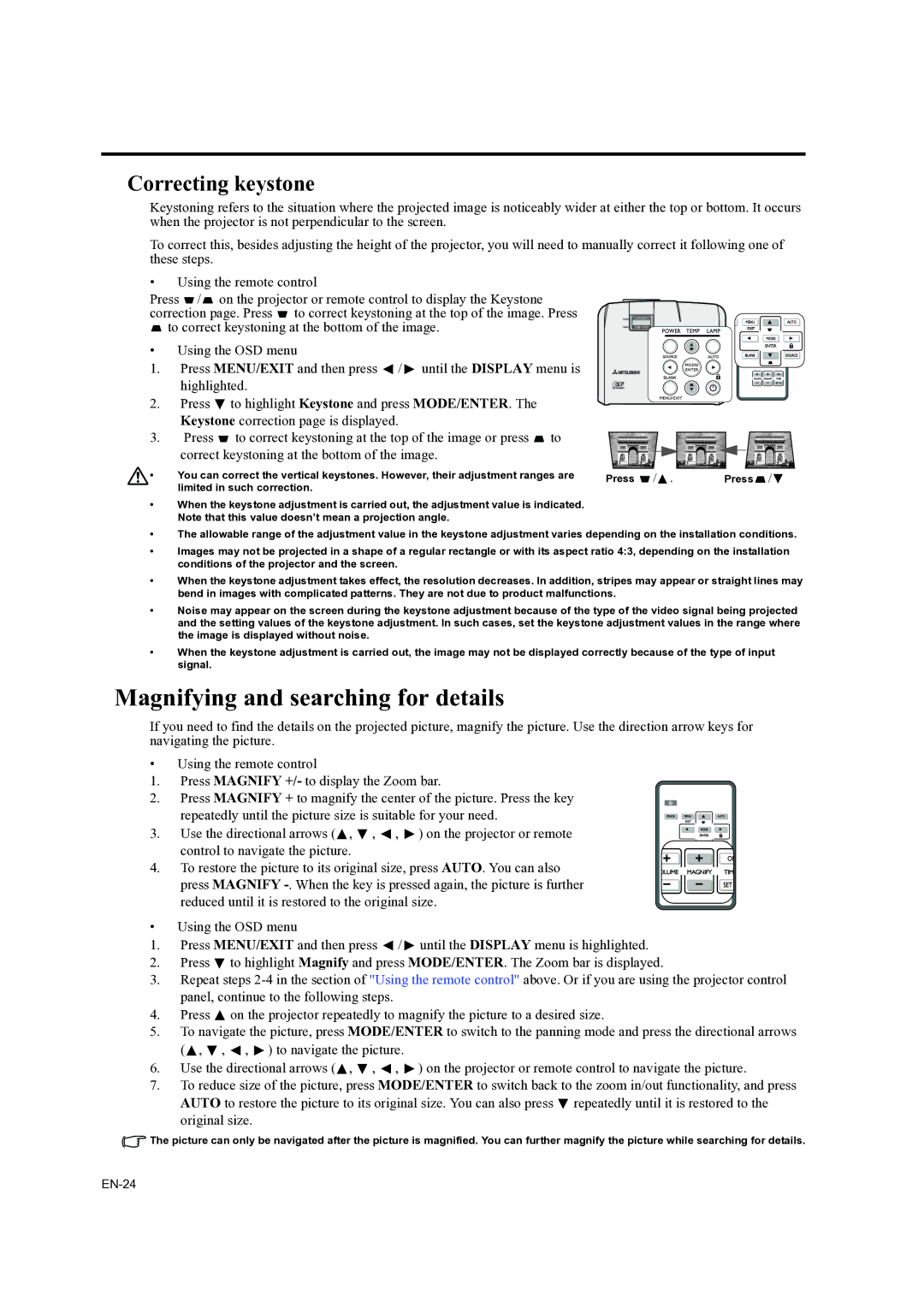 Mitsubishi Electronics EX200U, ES200U user manual Magnifying and searching for details, Correcting keystone 