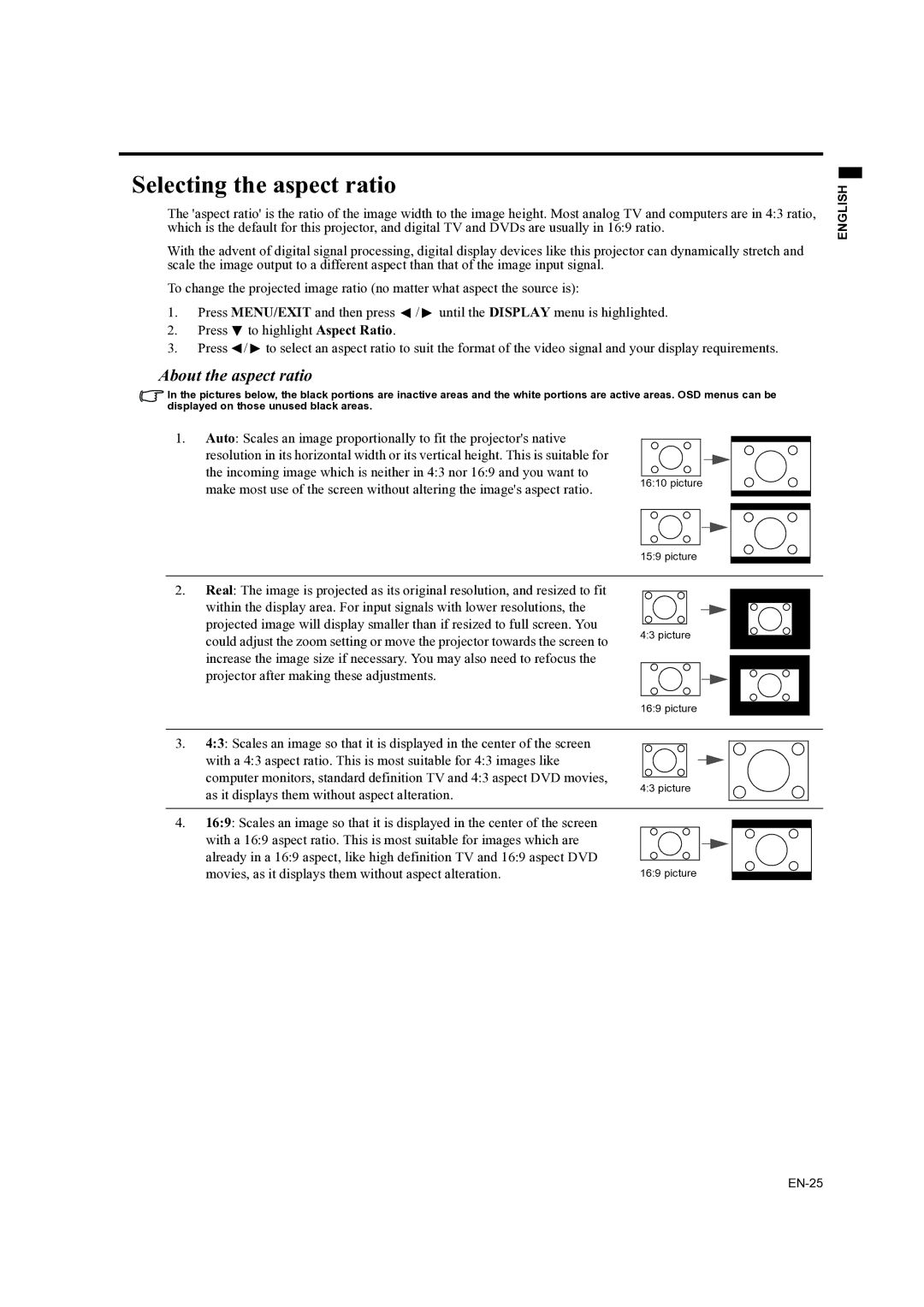 Mitsubishi Electronics ES200U, EX200U user manual Selecting the aspect ratio, About the aspect ratio 