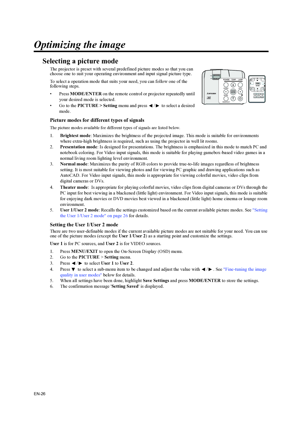 Mitsubishi Electronics EX200U Optimizing the image, Selecting a picture mode, Picture modes for different types of signals 