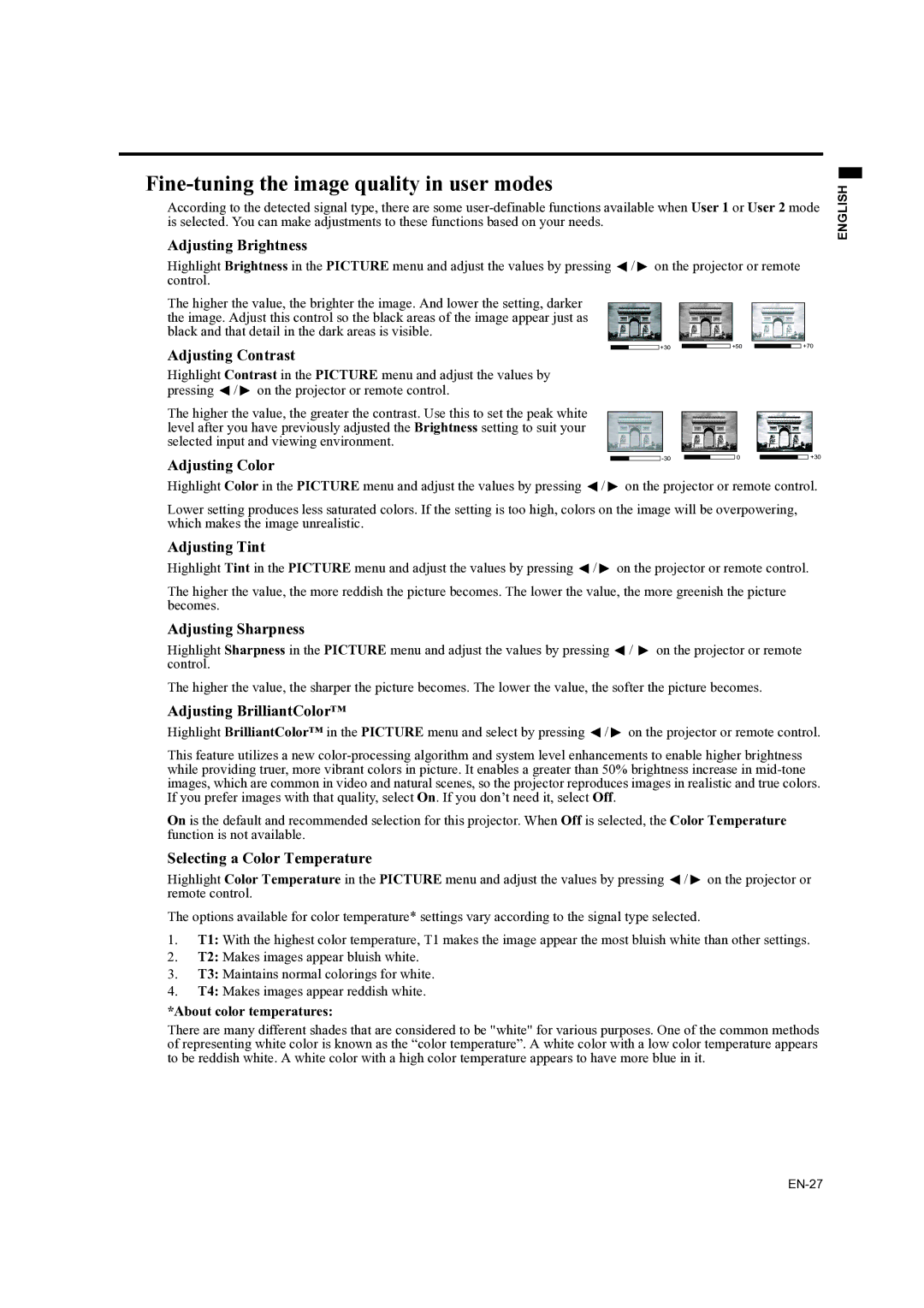 Mitsubishi Electronics ES200U, EX200U user manual Fine-tuning the image quality in user modes 