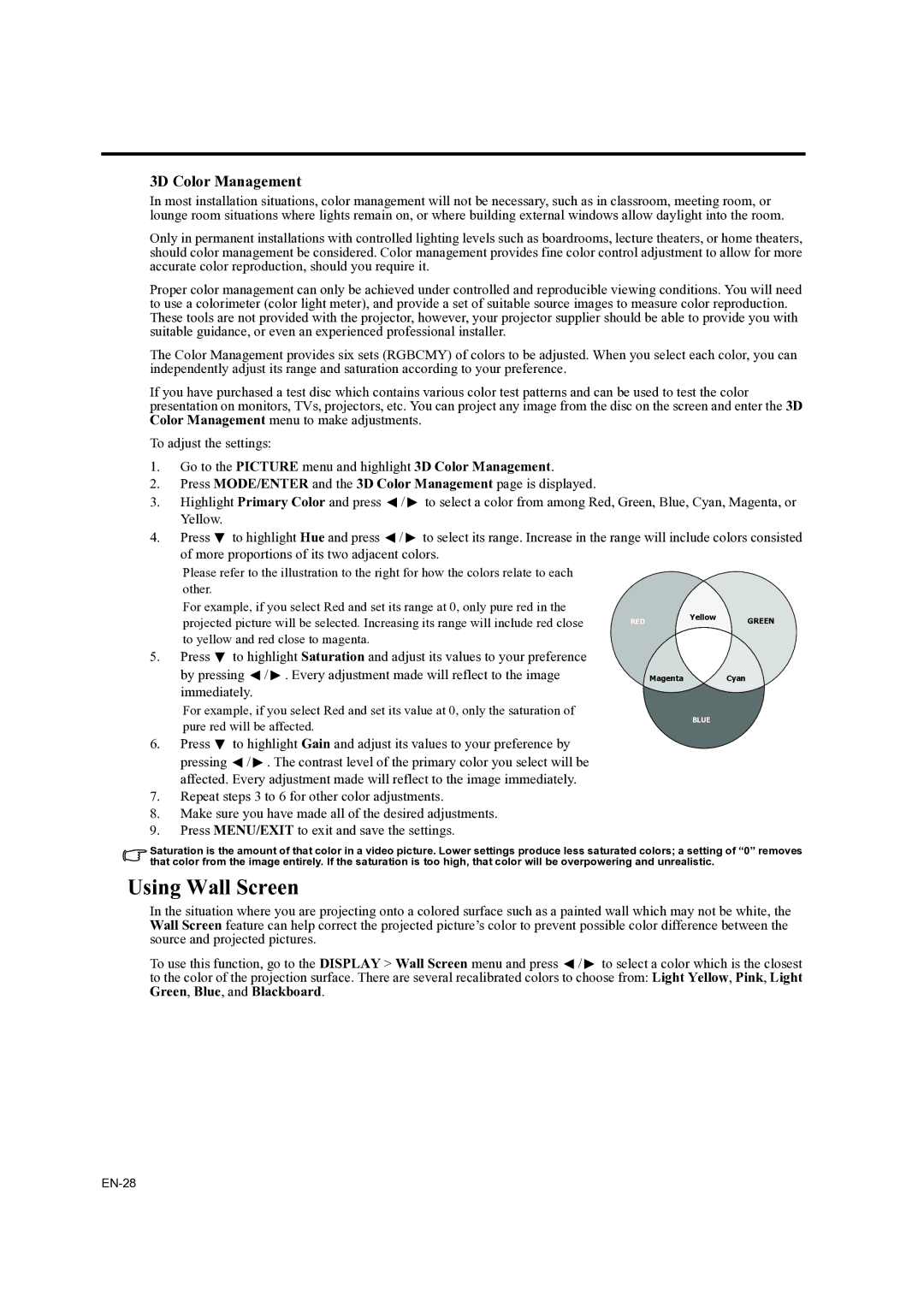 Mitsubishi Electronics EX200U, ES200U user manual Using Wall Screen, 3D Color Management 