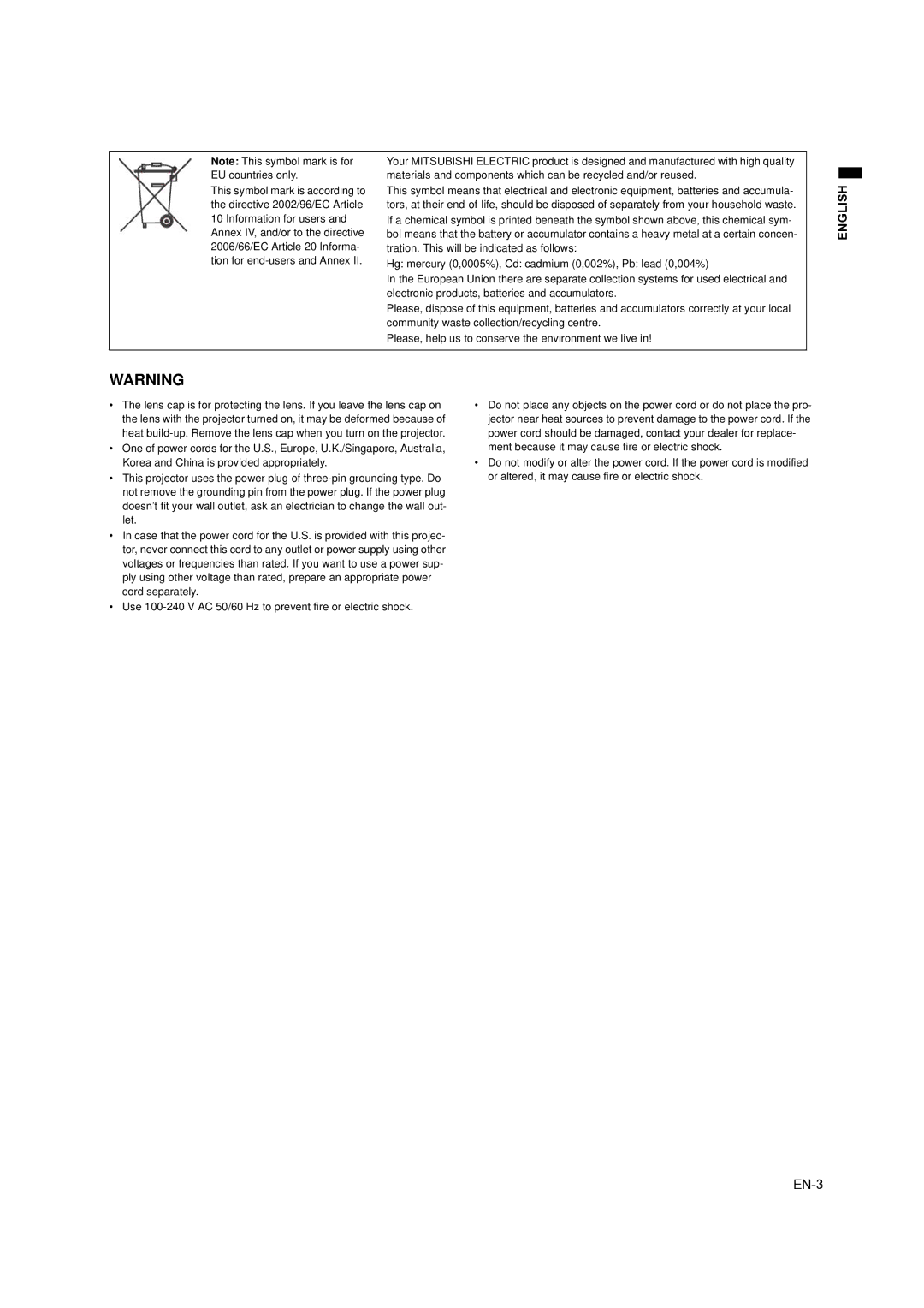 Mitsubishi Electronics ES200U, EX200U user manual EN-3 