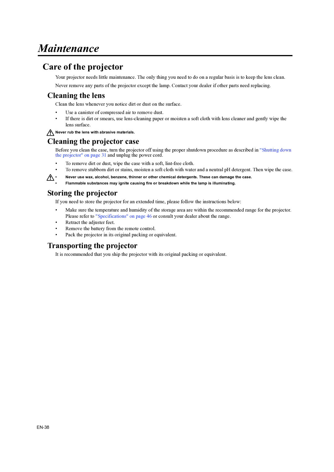 Mitsubishi Electronics EX200U, ES200U user manual Maintenance, Care of the projector 