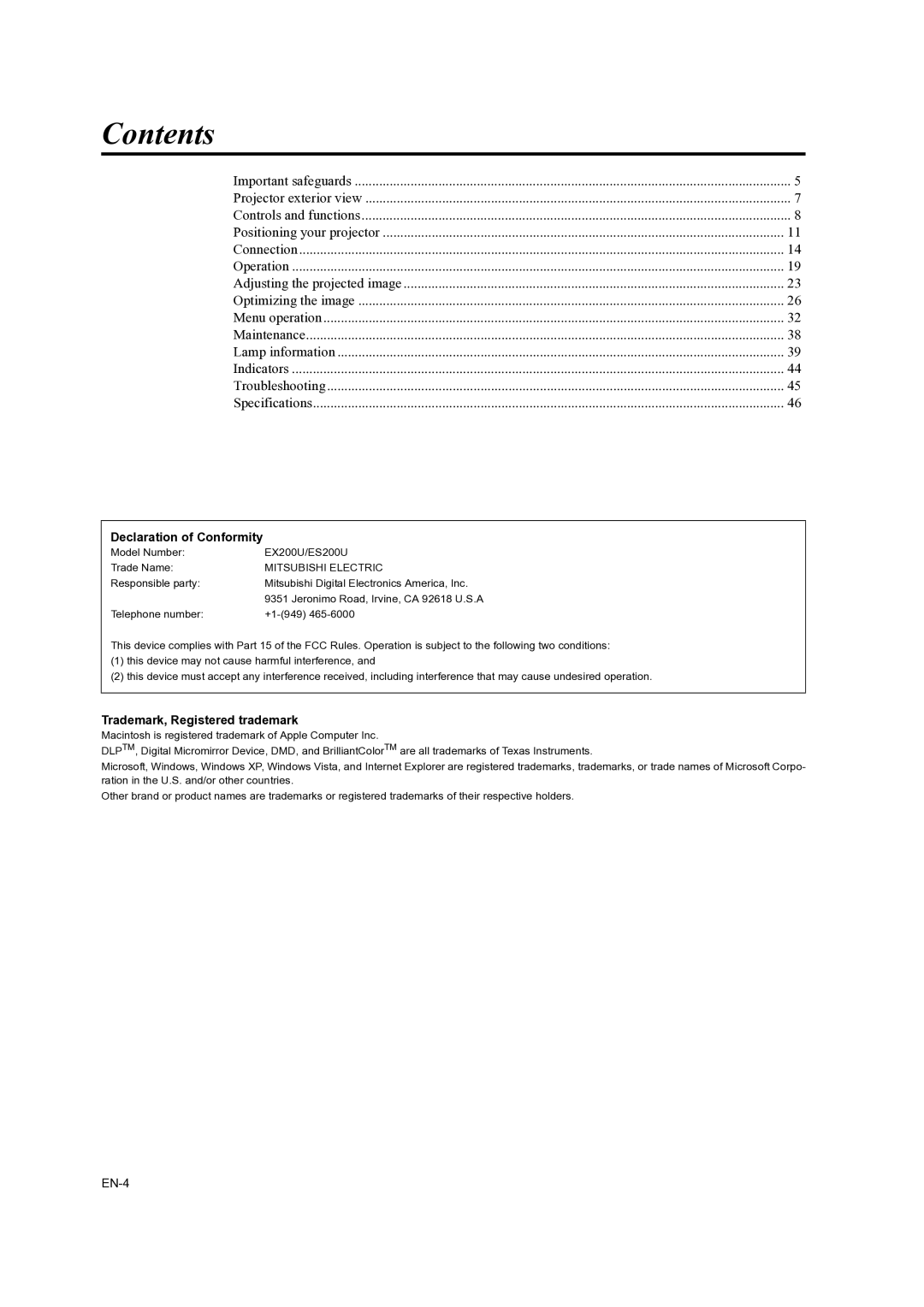 Mitsubishi Electronics EX200U, ES200U user manual Contents 