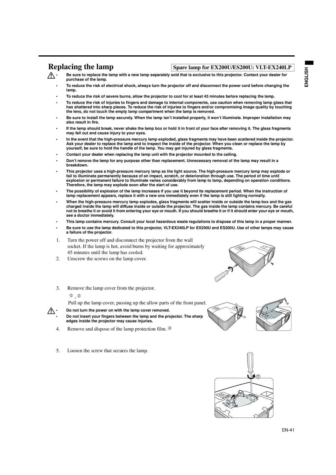 Mitsubishi Electronics user manual Replacing the lamp, Spare lamp for EX200U/ES200U VLT-EX240LP 