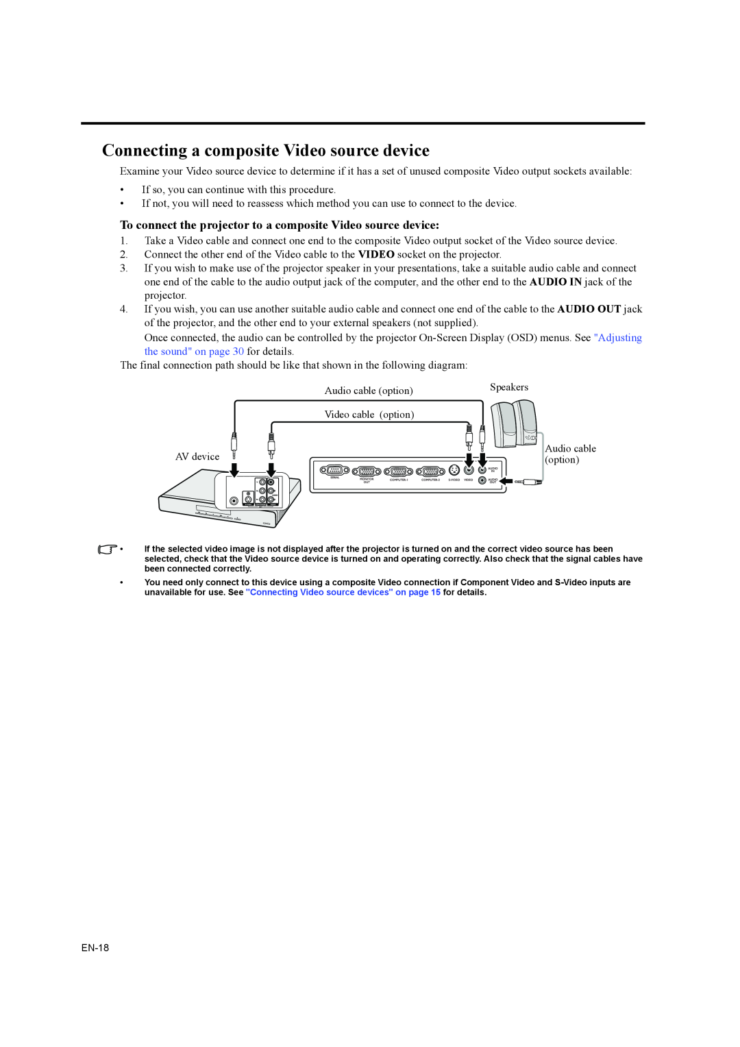 Mitsubishi Electronics EX200U, ES200U Connecting a composite Video source device, the sound on page 30 for details 