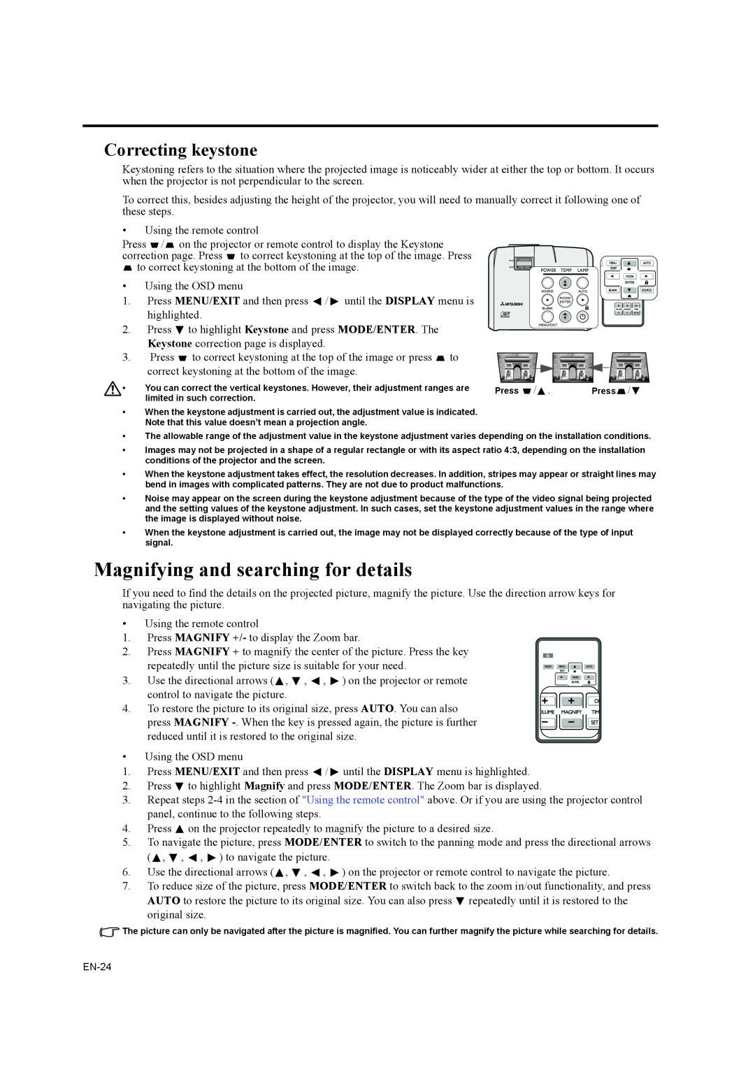 Mitsubishi Electronics EX200U, ES200U user manual Magnifying and searching for details, Correcting keystone 