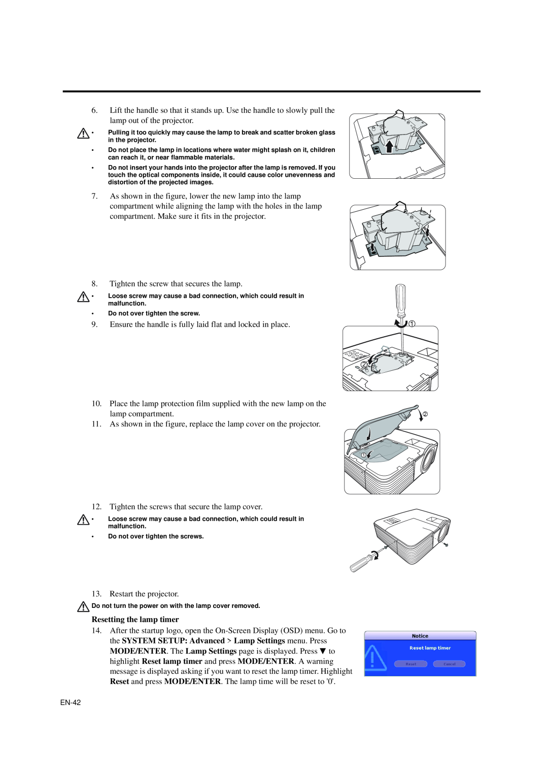 Mitsubishi Electronics EX200U, ES200U user manual Resetting the lamp timer 