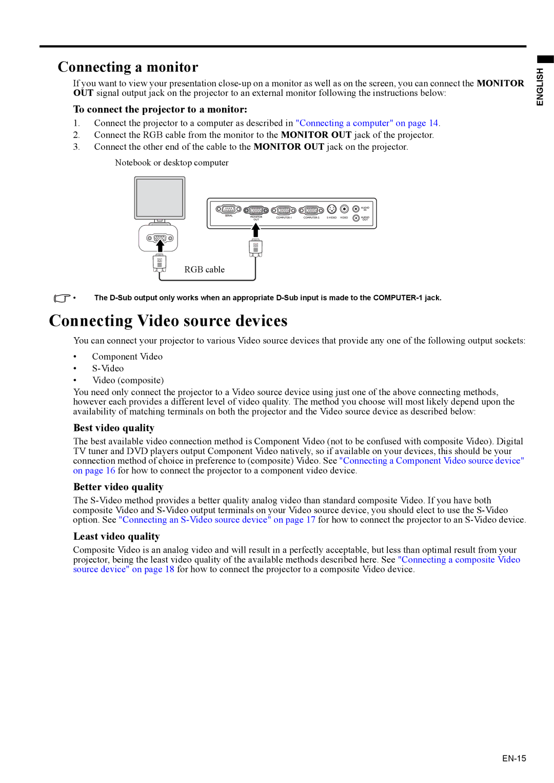 Mitsubishi Electronics EX200U user manual Connecting Video source devices, Connecting a monitor 