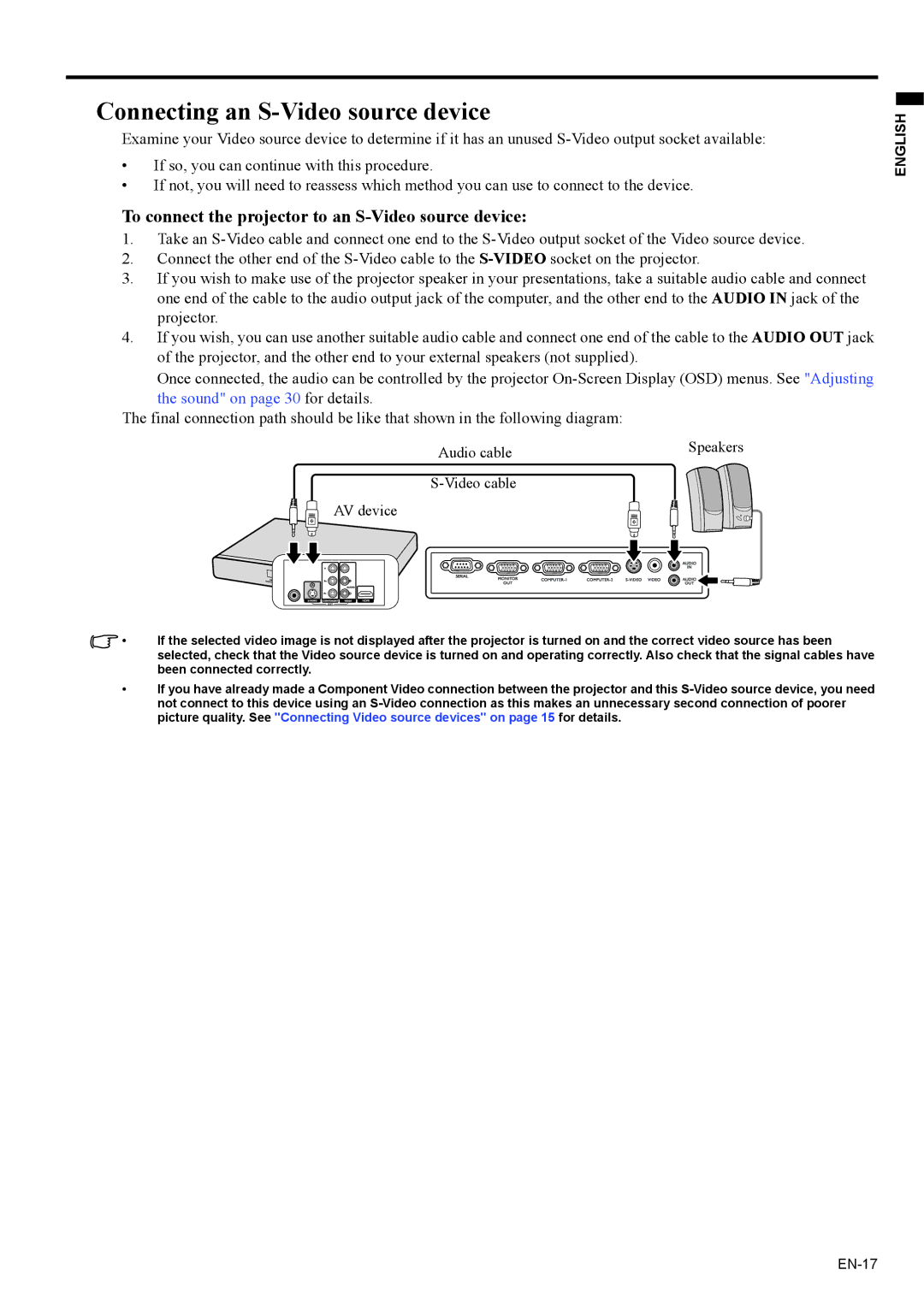 Mitsubishi Electronics EX200U Connecting an S-Video source device, To connect the projector to an S-Video source device 