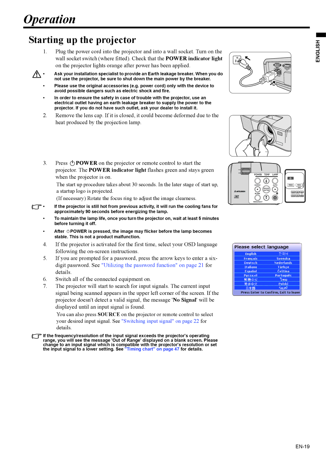 Mitsubishi Electronics EX200U user manual Operation, Starting up the projector 