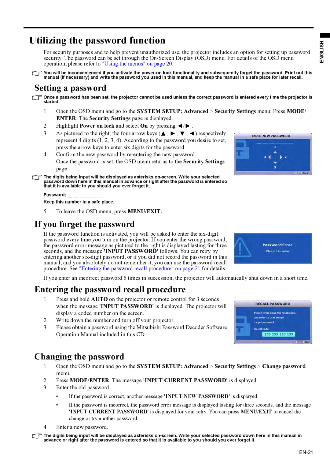 Mitsubishi Electronics EX200U user manual Utilizing the password function, Setting a password, If you forget the password 