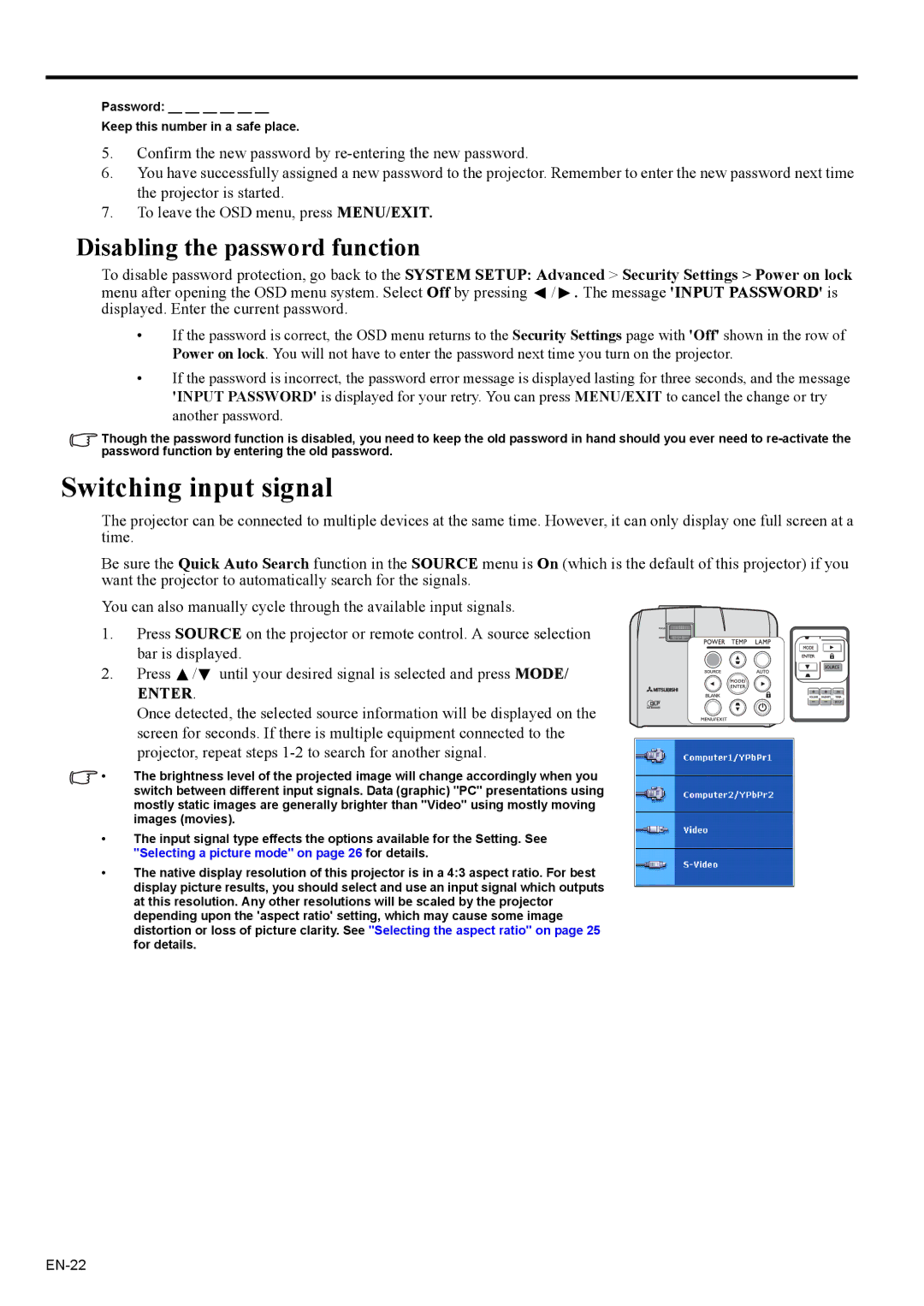 Mitsubishi Electronics EX200U user manual Switching input signal, Disabling the password function 