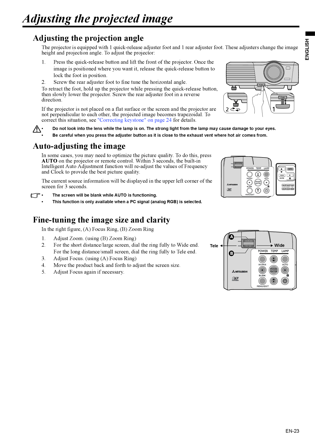 Mitsubishi Electronics EX200U Adjusting the projected image, Adjusting the projection angle, Auto-adjusting the image 