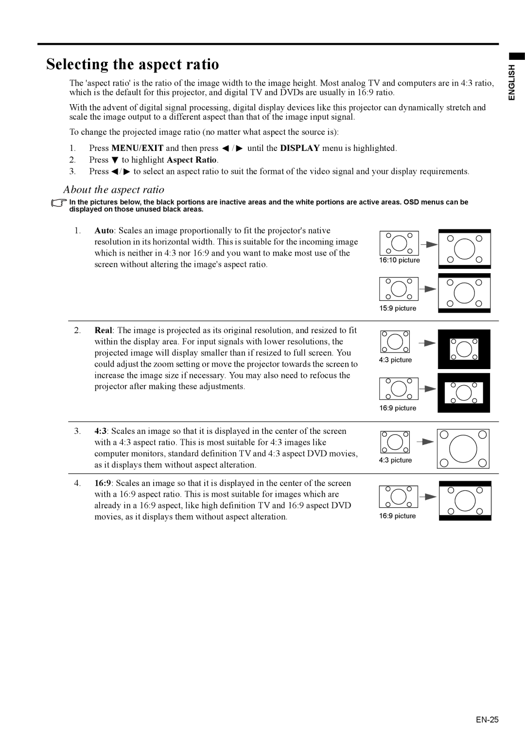 Mitsubishi Electronics EX200U user manual Selecting the aspect ratio, About the aspect ratio 