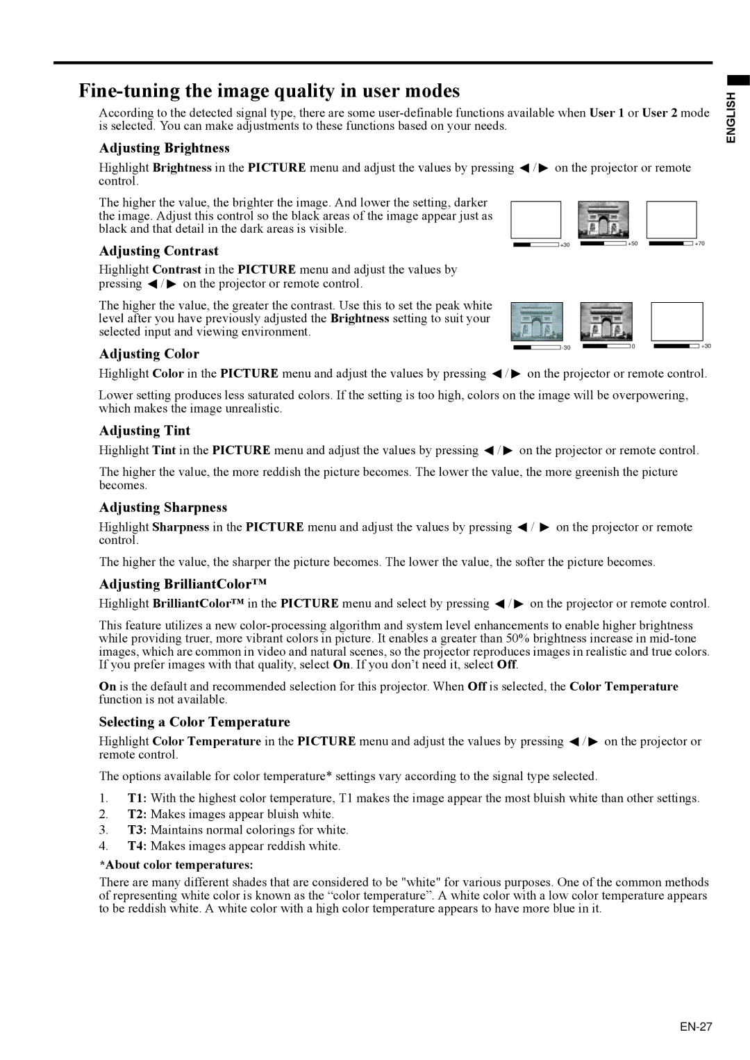 Mitsubishi Electronics EX200U user manual Fine-tuning the image quality in user modes 