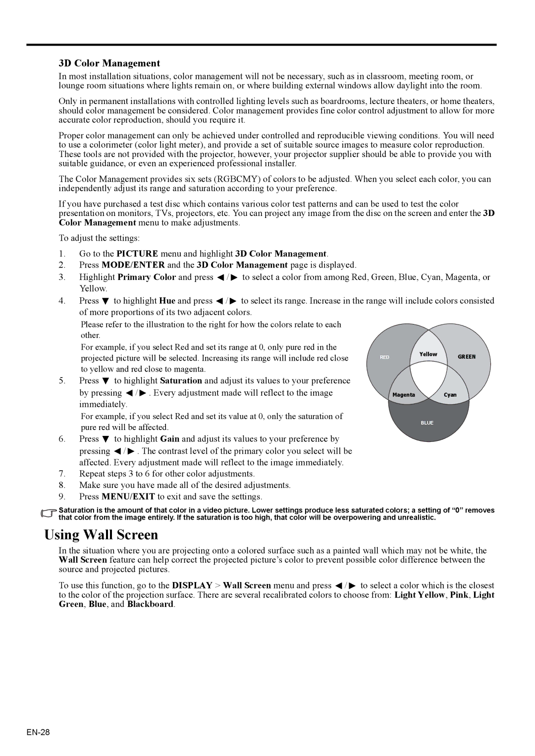 Mitsubishi Electronics EX200U user manual Using Wall Screen, 3D Color Management 