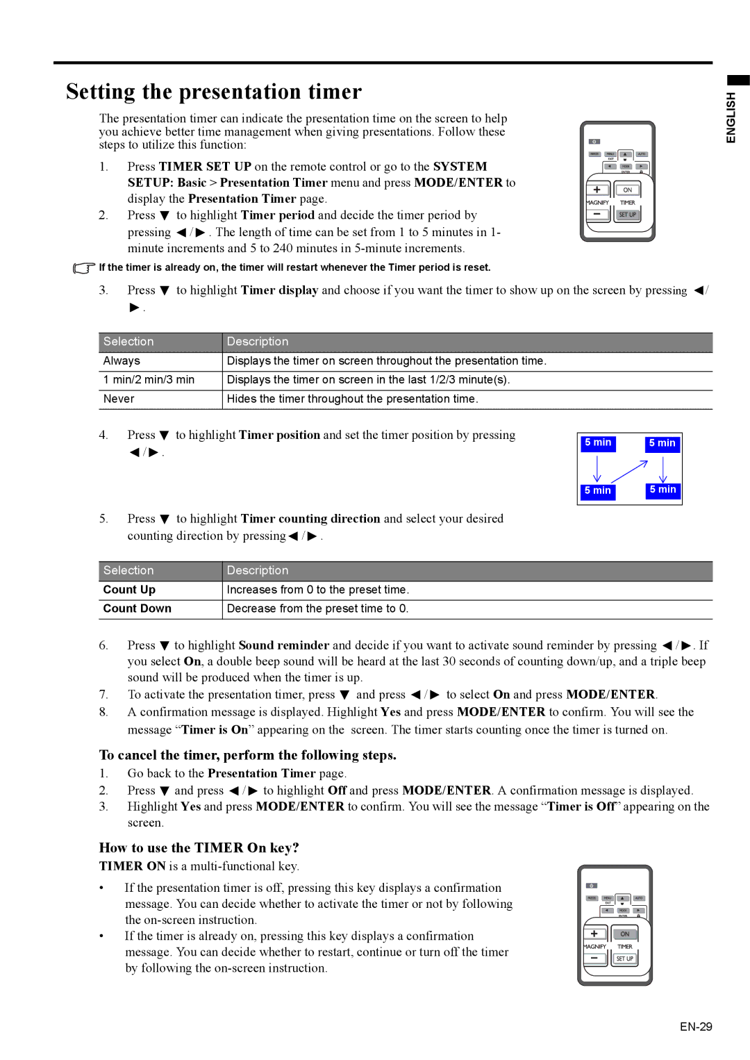 Mitsubishi Electronics EX200U user manual Setting the presentation timer, To cancel the timer, perform the following steps 