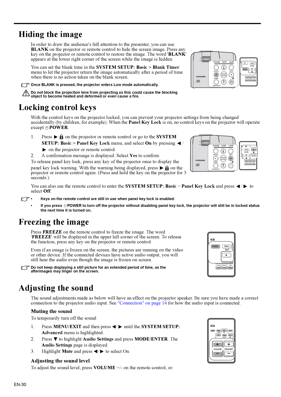 Mitsubishi Electronics EX200U user manual Hiding the image, Locking control keys, Freezing the image, Adjusting the sound 