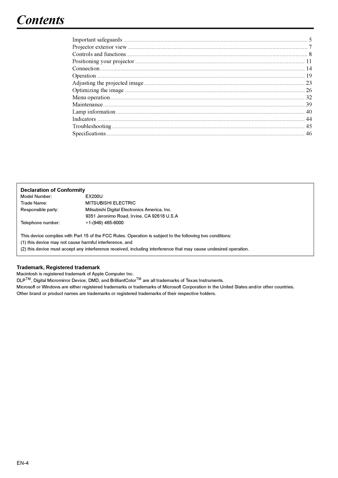 Mitsubishi Electronics EX200U user manual Contents 