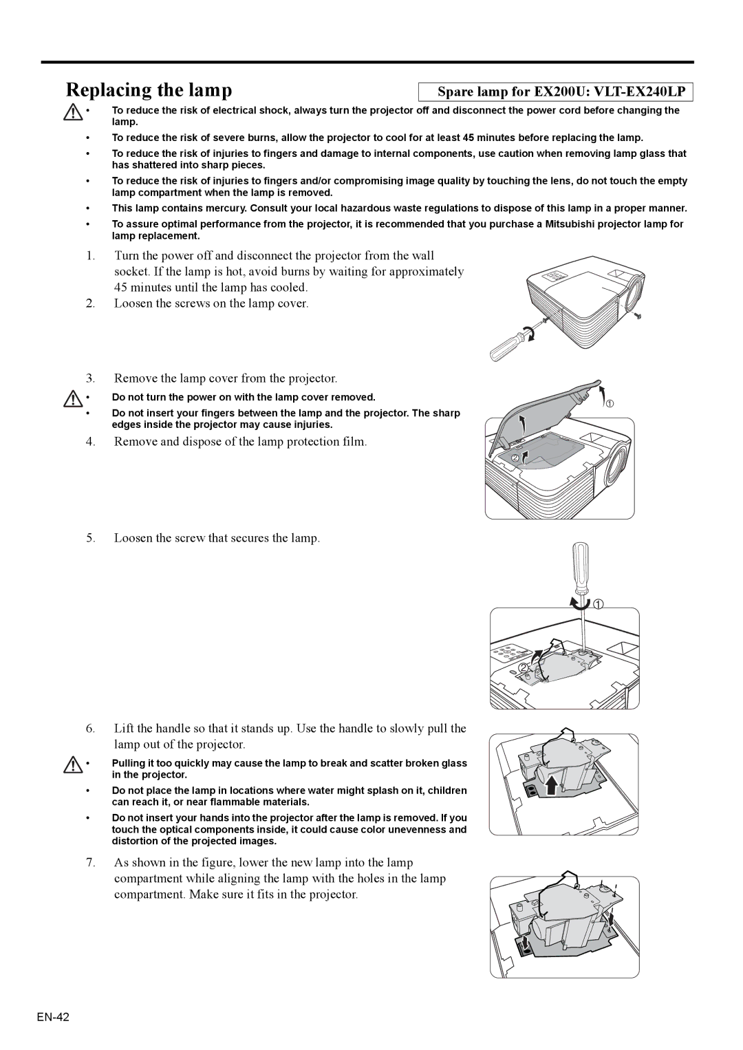 Mitsubishi Electronics user manual Replacing the lamp, Spare lamp for EX200U VLT-EX240LP 