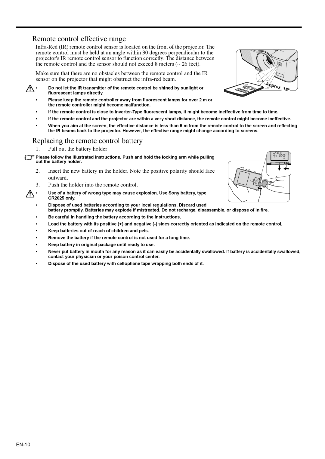 Mitsubishi Electronics EX200U user manual Remote control effective range, Replacing the remote control battery 