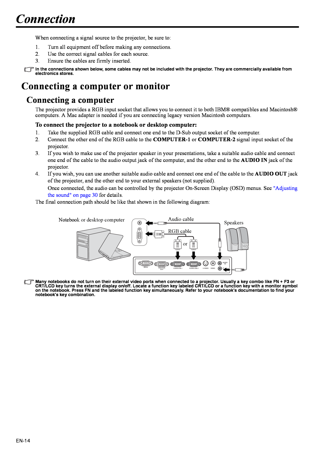Mitsubishi Electronics EX200U user manual Connection, Connecting a computer or monitor 